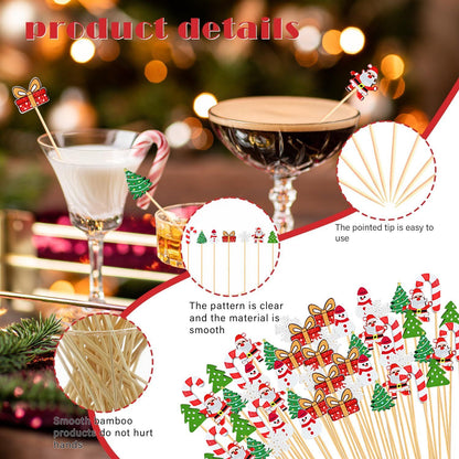 US Local Christmas Cocktail Pick Xmas Tree Snowflake Snowman Santa Claus Reindeer Pattern Sticks Cupcake Fruit Food Appetizer Skewers 4.9 In Bamboo Toothpicks For Christmas Holiday Party Favor Supplies