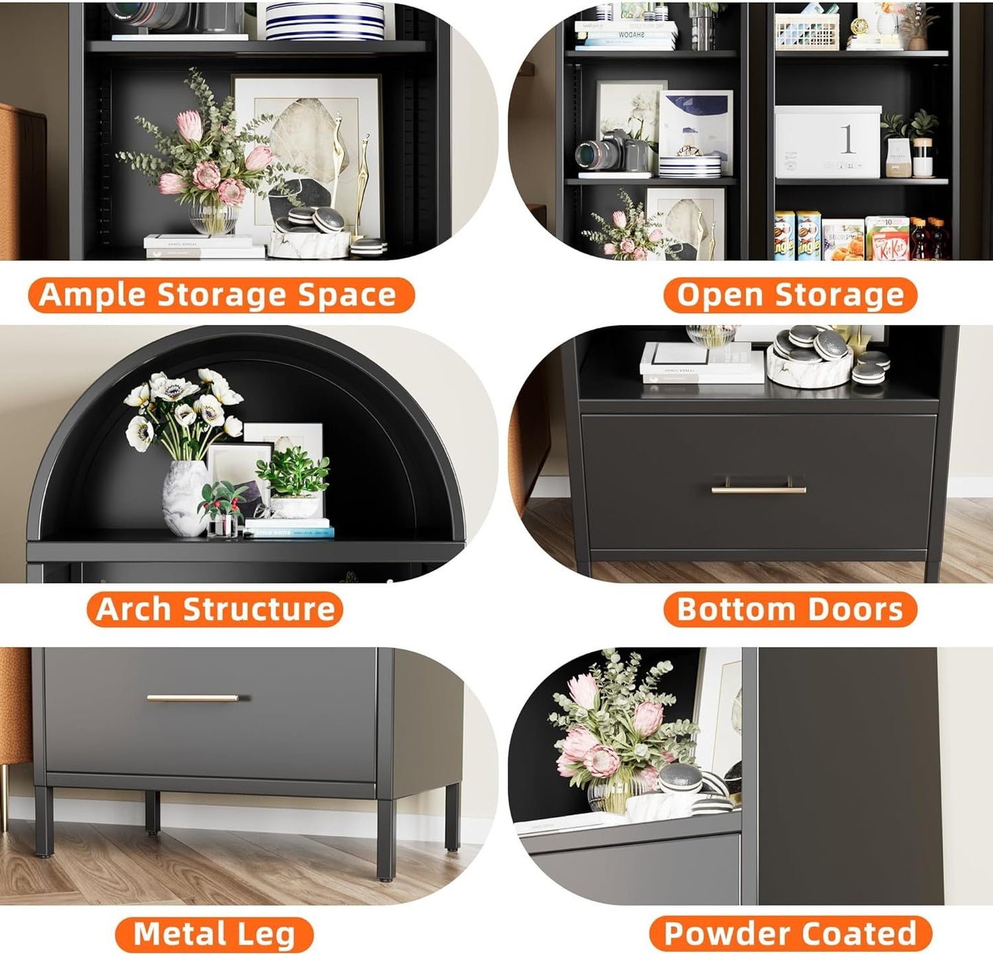 US Local Metal Arched Bookshelf, Accent Arch Kitchen Pantry Cabinet With Drawer For Home Office Bar Living Room Farmhouse Black