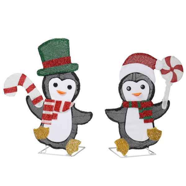 US Local Set Of 2 Lighted Penguin And Candy Cane Christmas Decorations, Pre-lit 2D Holiday Decor With 80 Warm White LED Lights For Xmas Outdoor Indoor Decor Lighted Holiday Displays