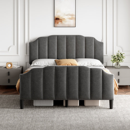 UK Local 4ft6 Double Upholstered Bed Frame With Adjustable Chic Channel-Tufted Headboard, Velvet Platform Bed Frame With Solid Wood Slat And Mute Foam, No Box Spring Needed, Easy Assembly, Grey No Mattress