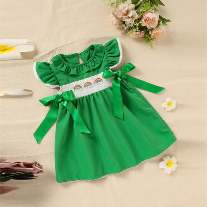 US Local Toddler Girl's Ruffle Sleeve Dress Rainbow Embroidery & Bow Detail With Back Button Closure