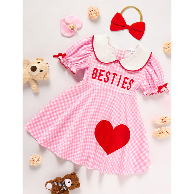 US Local Sweet Baby Toddler Girl's Short Sleeve Letter Heart Print Doll Collar Dress With Matching Headband