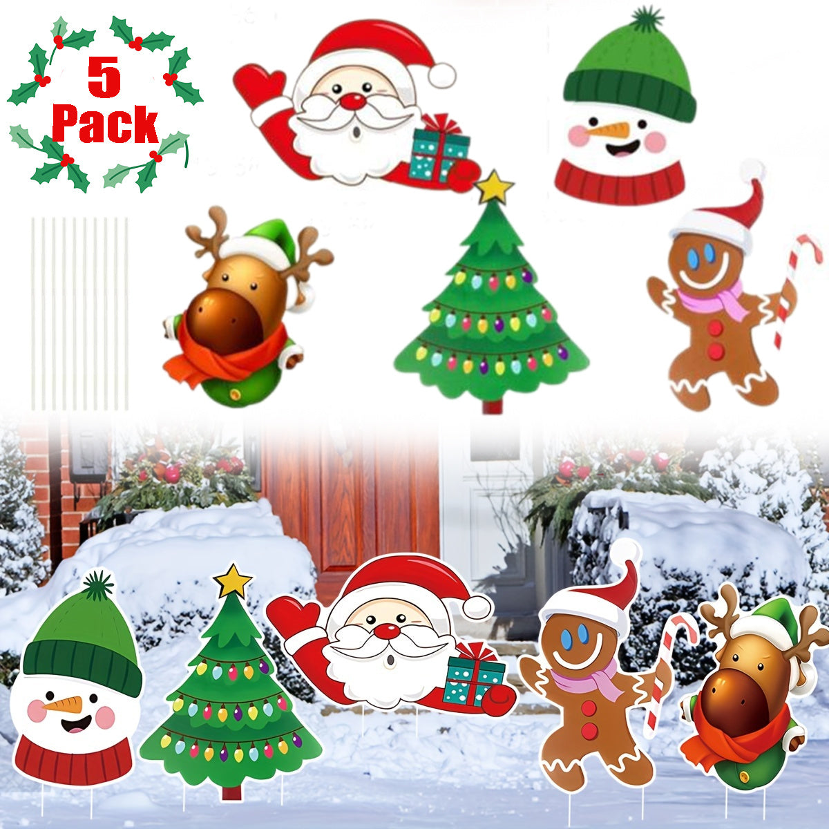 US Local 5 Pack Christmas Outdoor Yard Signs With Stakes Christmas Tree Reindeer Santa Gingerbread Snowman Signs Holiday Garden Sign For Xmas Winter Party Porch Lawn Walkway Decorations Outdoor Christmas Scene