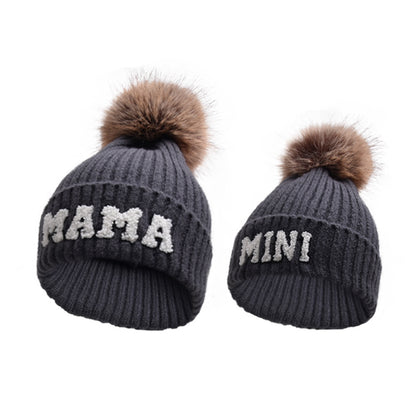 Letter MAMA Woolen Cap Outdoor Fur Ball Warm Hat