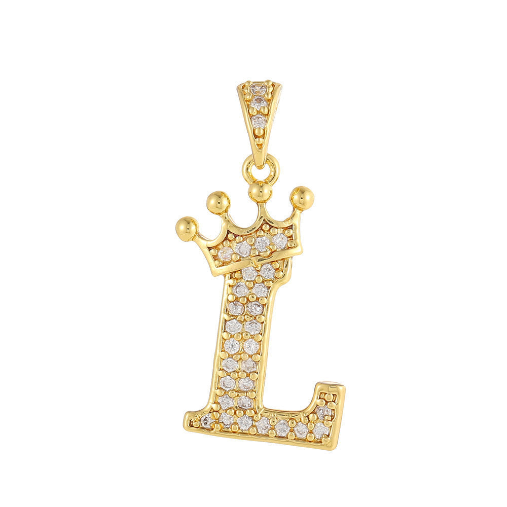 Gold Plated Copper Inlaid Zircon Crown 26 English Letters Full Diamond Pendant Parts