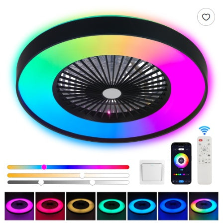 US Local 23 Inch Black Ceiling Fan Light With LED RGB   Dimmable & Color Changing, APP & Remote Control, Modern Smart Ceiling Fan For Living Room, Bedroom, And Dining Room  Silent 6-Speed Reversible DC Motor
