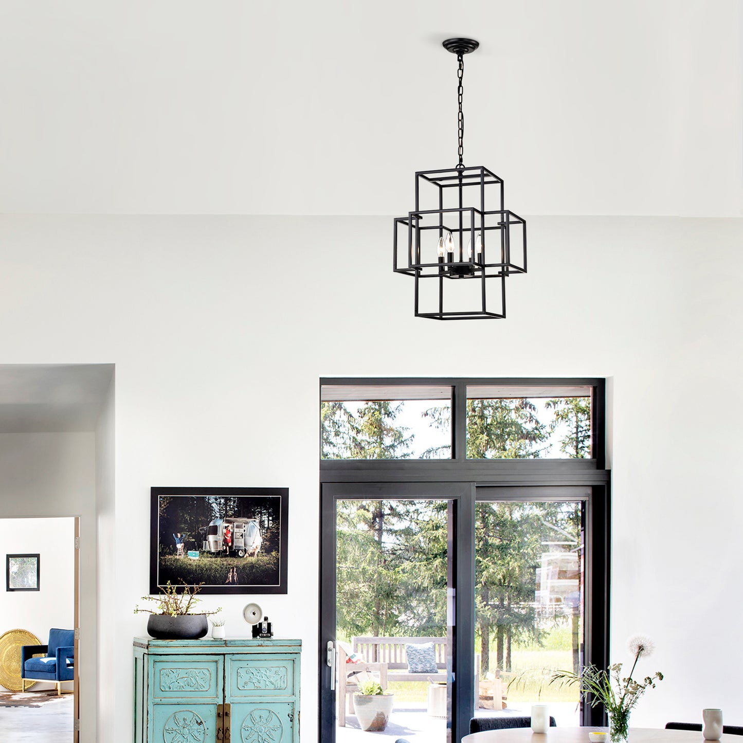 US Local 4-Light Metal Lantern Tiered Pendant Hanging Light Fixtures, Industrial Farmhouse Adjustable Height Chandeliers For Dining Room Hallway Foyer Entryway--Matte Black