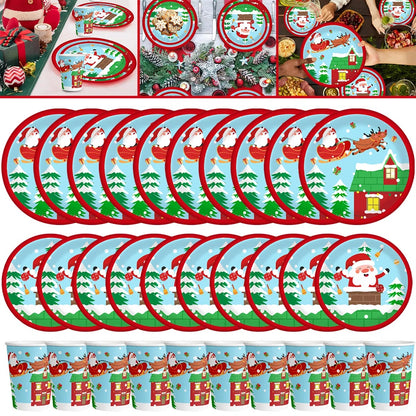 US Local 30Pcs Christmas Party Tableware Set 7 And 9 Inch Elk Claus Paper Plates 3.5 Inch Paper Cup Cute Xmas Disposable Cups For Xmas Holiday Dinner Supplies
