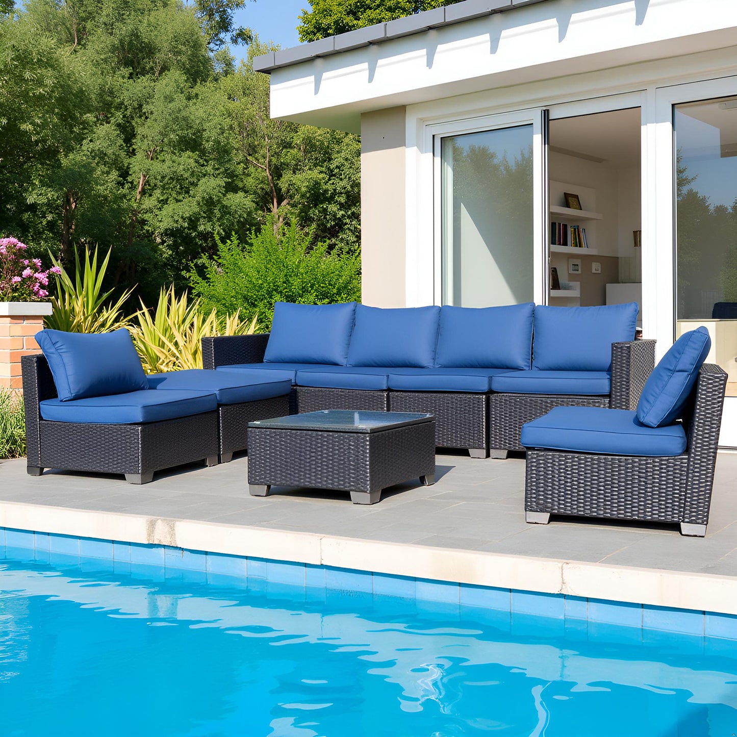 US Local Seven-Piece Sofa Set Table With Sofa Chair Black PE Rattan Outdoor Furniture 7-JH001 Box 3-1-2-3 With Blue Color Cushion