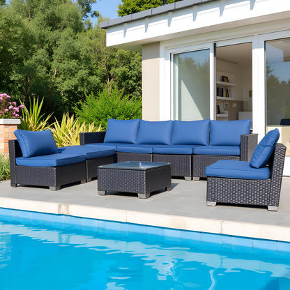 US Local Seven-Piece Sofa Set Table With Sofa Chair Black PE Rattan Outdoor Furniture 7-JH001 Box 3-1-2-3 With Blue Color Cushion
