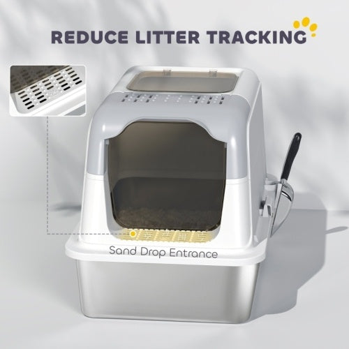UK Local PawHut Extra Large Stainless Steel Litter Box, Enclosed Cat Litter Tray With Scoop, Deodorizer Bag, Front-Entry And Top-Exit