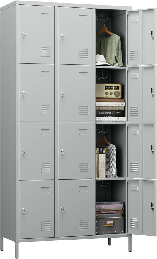 US Local Metal Lockers For Employees With 12 Door & Hooks,Metal Storage Locker With Lock And Card Slot For School Office Garage Gym Bedroom Home,Assembly Required,12 Doors Light Grey