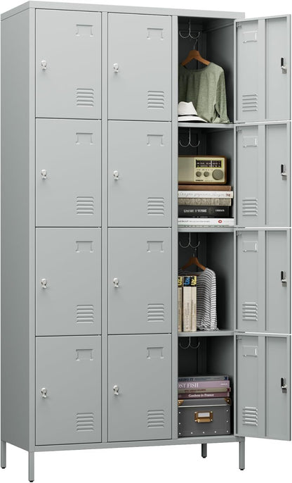 US Local Metal Lockers For Employees With 12 Door & Hooks,Metal Storage Locker With Lock And Card Slot For School Office Garage Gym Bedroom Home,Assembly Required,12 Doors Light Grey