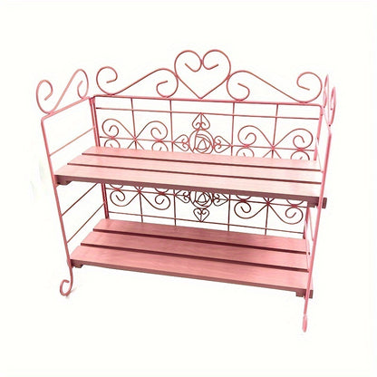 US Local Foldable Storage Rack, Metal, Wooden Storage Organizer, Suitable For Bedroom, Kitchen, Bathroom, Living Room, Garden Storage Shelf, White,Pink