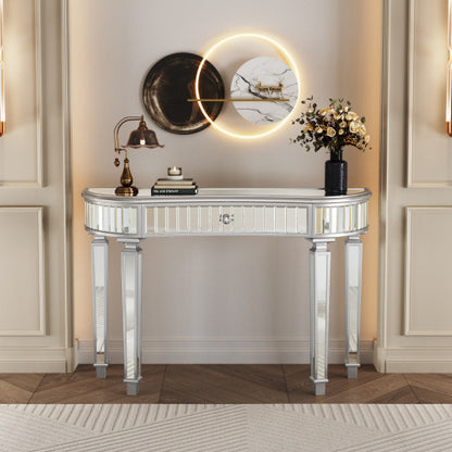 US Local 47 Half Moon Mirrored Console Table With Fluted Glass Crystal Knob Drawer Silver Entryway Vanity Desk For BedroomDressing RoomGold Sliver