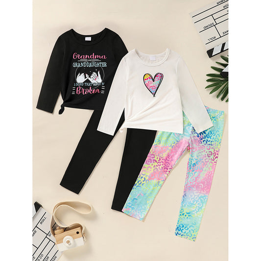 US Local Kid's 'Grandma And Granddaughter' Letter & Heart Print Long Sleeve Top & Pants Set, 2 Sets Comfy Loungewear Outfit