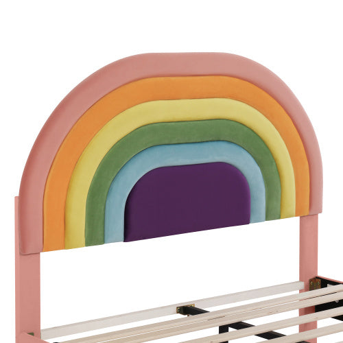 UK Local Upholstered Bed 135x190, With Slatted Frame And Headboard, Youth Bed, For Adults & Teenagers, Wooden Slat Support, Easy Assembly, Height-adjustable Headboard, Velvet, Pink