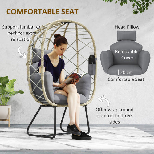 UK Local Outsunny Rattan Egg Chair Outdoor Indoor Wicker Chair With Thickened Cushion And Headrest, Standing Garden Egg Chair With Cup Holder, Metal Frame For Patio, Balcony, Grey