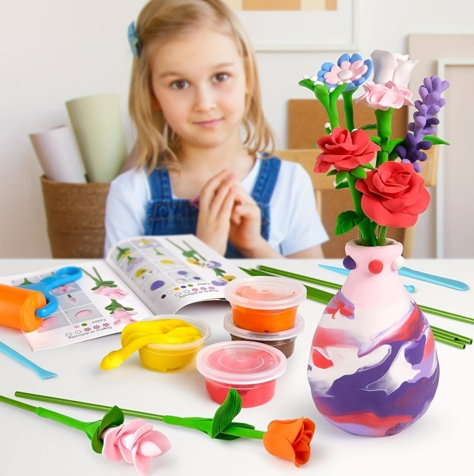 US Local Air Dry Clay Vase Bouquet Craft Kit, 10 Pieces Modeling Clay Flower Art And Craft DIY Set For Boys And Girls, Improve Fine Motor Skills And Hand-Eye Coordination, Great Gift Idea For Boys And Girls