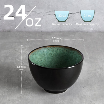 US Local Creative Western Food  Kiln Change Peacock Green Bowl 24oz Bowl Set Of 4 For Cereal, Salad, Pasta, Soup, Dessert, Serving Dishwasher, Microwave And Oven