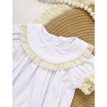 US Local Baby Girl White Lace Romper Soft & Stylish Short Sleeve Bubble Jumpsuit For Wedding Season & Summer