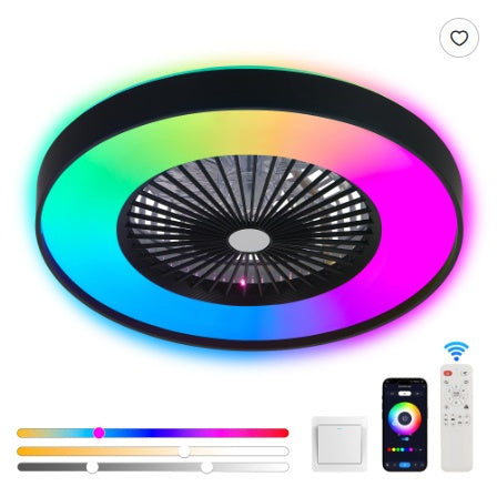 US Local 23 Inch Black Ceiling Fan Light With LED RGB   Dimmable & Color Changing, APP & Remote Control, Modern Smart Ceiling Fan For Living Room, Bedroom, And Dining Room  Silent 6-Speed Reversible DC Motor