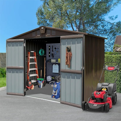 US Local Outdoor Storage Shed 8.2' X 6.2', Metal Steel Utility Tool Shed Storage House With Double Lockable Doors &Air Vents For Backyard Patio Garden Lawn Brown