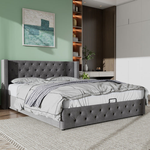 UK Local Upholstered Bed, With Hydraulic Lever, Functional Bed From Storage, 150 X 200 Cm, Without Mattress, Velvet, Gray