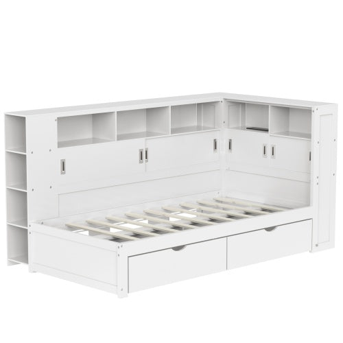 UK Local Platform Bed With Trundle  Bookcase  USB,Single Bed-3ft 90x190cm,Household Bed, Multifunctional Bed,with 2 Storage Drawers, Dust-proof Cabinet And Shelves, Large Storage Space,white