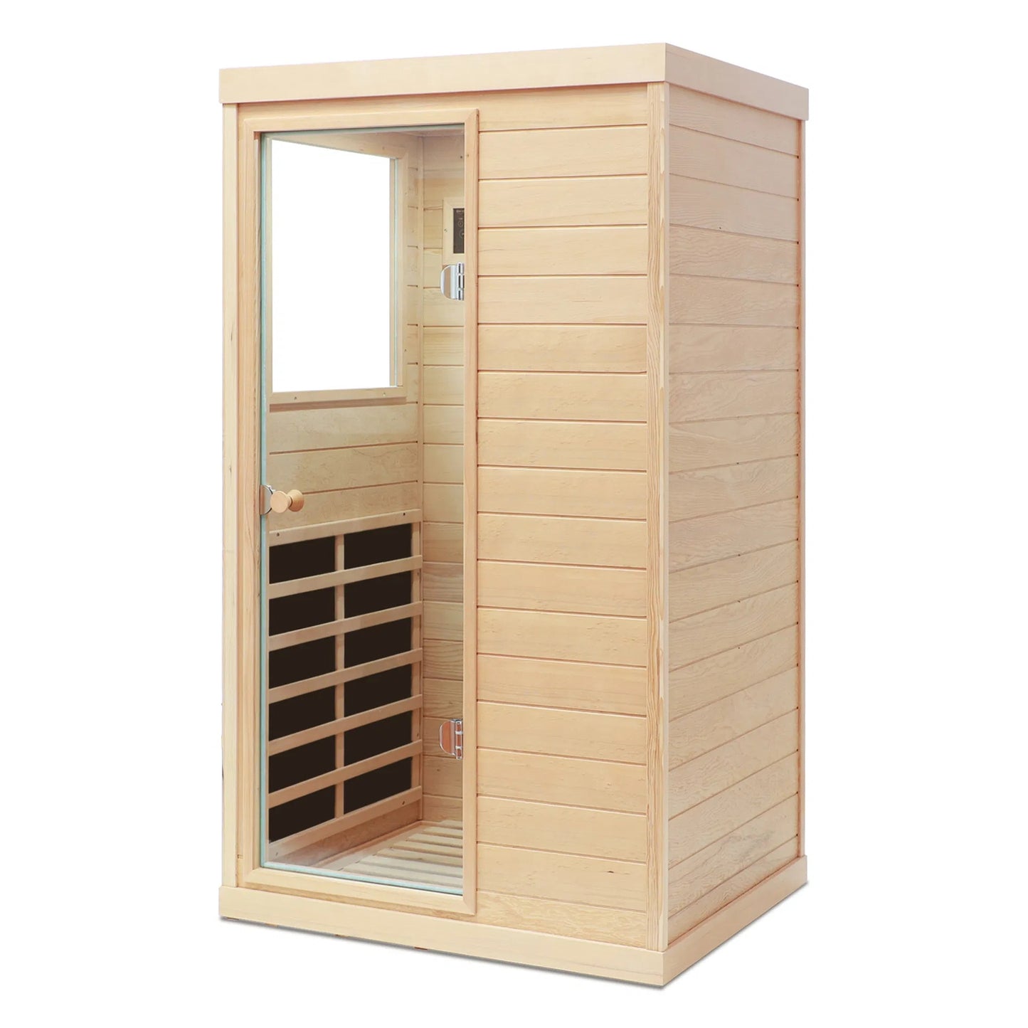 US Local Hemlock Mini One Person Far Infrared Door On The Left Of The Indoor Sauna Room
