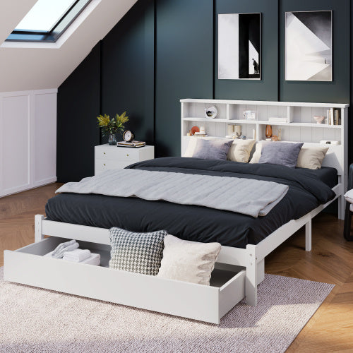 UK Local Bed With Shelves, White Wooden Storage Bed, Underbed Drawer - 4ft6 Double 135 X 190 Cm