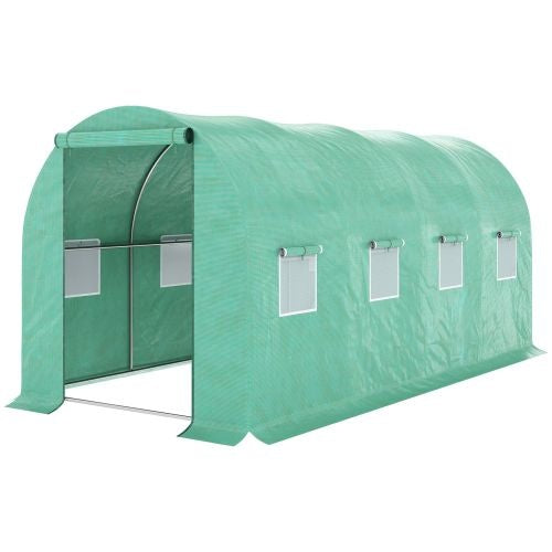 US Local Outsunny 15x 7x 6.5 Walk-in Tunnel Hoop Greenhouse, Green House With Polyethylene PE Cover, Steel Frame, Roll-Up Zipper Door & Windows For Flowers, Vegetables, Tropical Plants, Green