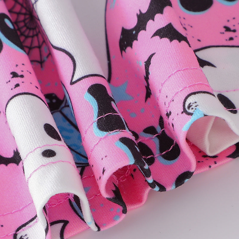 3pcs Toddler Girl's Halloween Dress Skull Ghost Bats Print Stretch Long Sleeve A-line Dresses