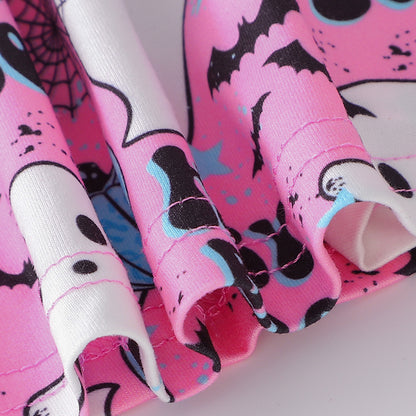 3pcs Toddler Girl's Halloween Dress Skull Ghost Bats Print Stretch Long Sleeve A-line Dresses