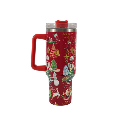 Christmas Pattern Mug With Handle Lid Straw Drinkware Stainless Steel Vacuum Tumbler Large Capacity Car Travel Coffee Cup