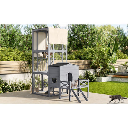 US Local Catio Cat House Outdoor Large Cat Enclosure, Wooden Cat Cage For Multiple Cats With Jumping Platforms And Cat Swing, Removable Waterproof Cover, UV Resistant, 2 Combination, Gray