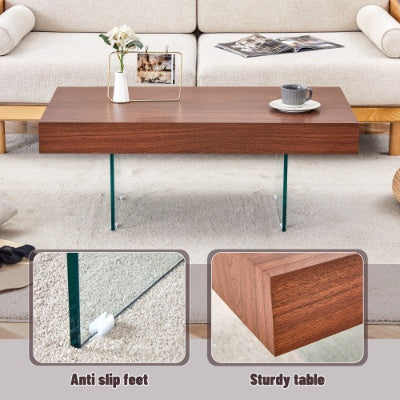 US Local Walnut Colored MDF Coffee Table - 39.3x21.6 With Tempered Glass Legs.Density Board Sticker,Reinforced Glass Legs.Walnut Colored Texture Sticker.