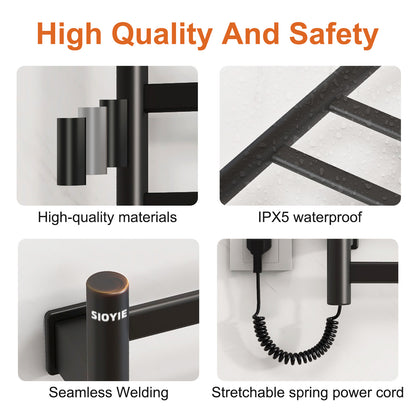 US Local SIOYIE Towel Warmer Bathroom Wall Mounted 6 Bars Electric Towel Drying, 150 W 500 800 MM Heated Towel Rack With Intelligent Touch Screen Timer And Temperature Control Black Right