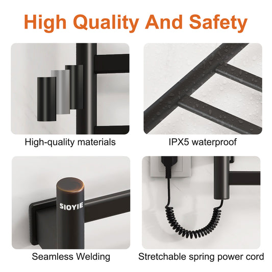 US Local SIOYIE Towel Warmer Bathroom Wall Mounted 6 Bars Electric Towel Drying, 150 W 500 800 MM Heated Towel Rack With Intelligent Touch Screen Timer And Temperature Control Black Right