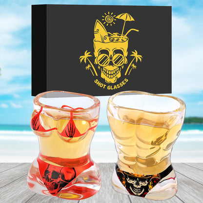 US Local 2 Pieces, Black Muscle Men's And Red Bikini Skull Style Glass Small Wine Glasses Bar Tools Christmas Gift, Halloween Gift, Birthday Gift, Company Party Gift, Universal Gift