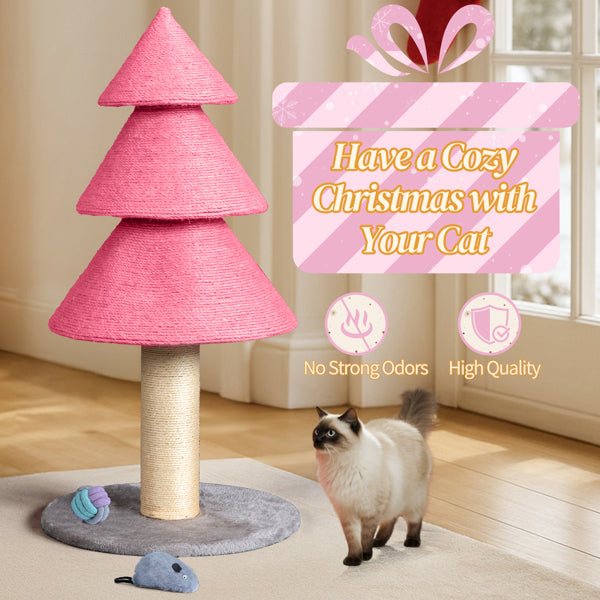 US Local 31.5in Christmas Tree Cat Scratcher, Cat Scratching Post For Indoor Cats, Large Sisal Cat Scratching Tree Cat Scratch Tower,-Pink