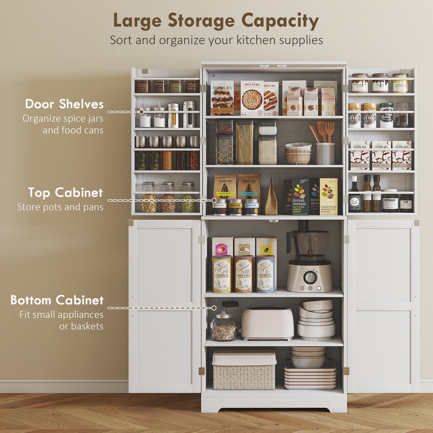 US Local Farmhouse Kitchen Pantry, 72 Tall Pantry Cabinet With 4 Barn Doors, 4 Adjustable Shelves And 8 Door Shelves, White