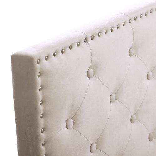 UK Local 4ft6 Double Upholstered Velvet Bed Frame, With Adjustable Button-Tufted  Riveted Headboard, Velvet Platform Bed Frame With Solid Wood Slat And Mute Foam, No Box Spring Needed, Easy Assembly, Beige