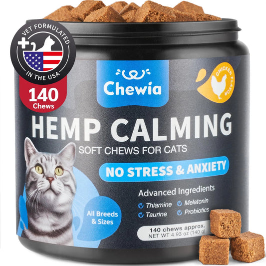 US Local Cat Calming Treats with Hemp & Melatonin – Soft Chews for Anxiety Relief, Stress, Travel, Storms & Grooming Support