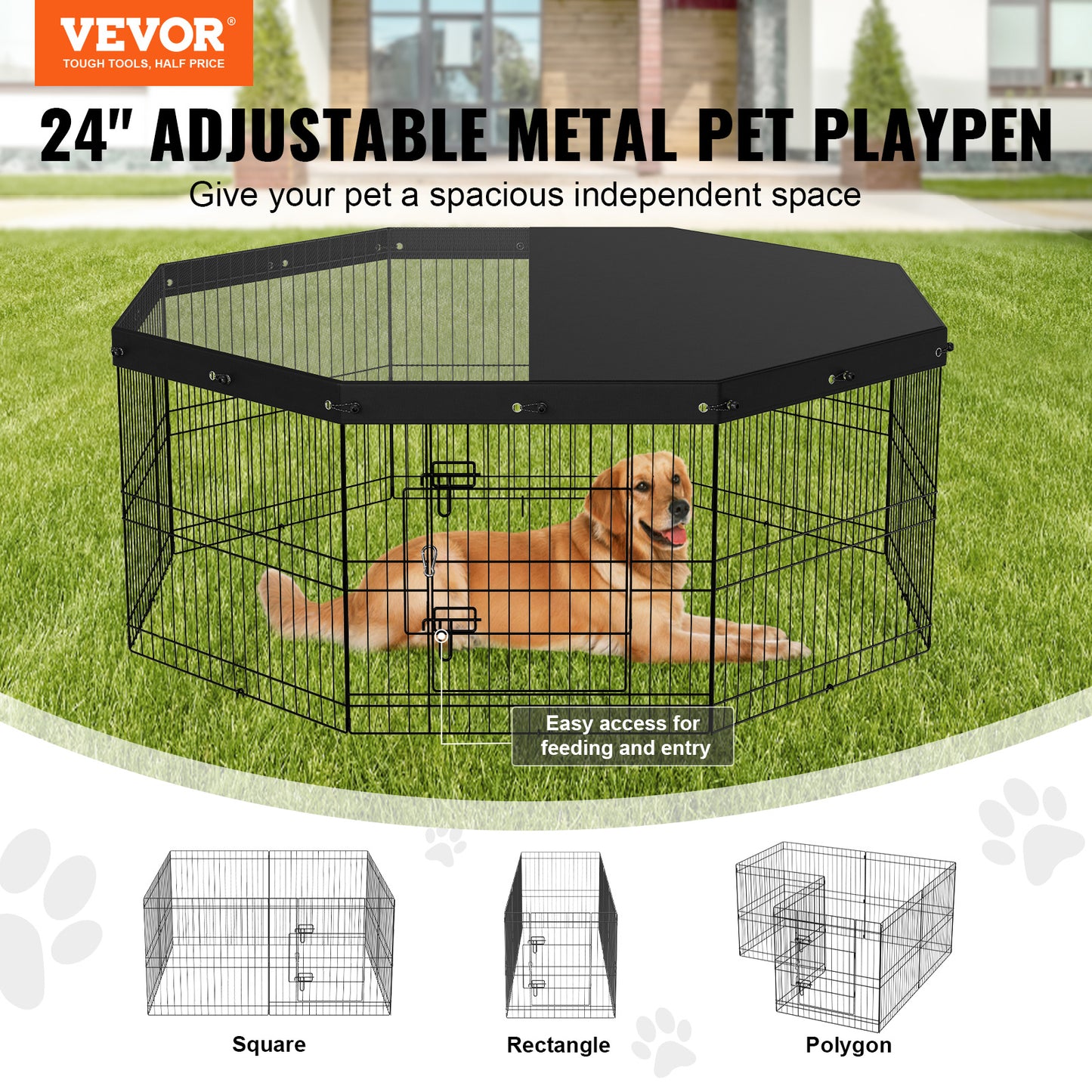 US Local VEVOR Dog Playpen, 8 Panels Foldable Metal Dog Exercise Pen With Top Cover, 24inch H Pet Fence Puppy Crate Kennel With Ground Stakes, Indoor Outdoor Dog Pen For Small Medium Pets, For Camping, Yard