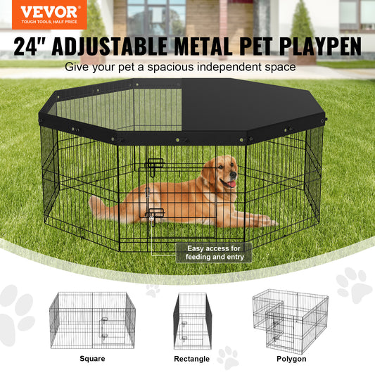 US Local VEVOR Dog Playpen, 8 Panels Foldable Metal Dog Exercise Pen With Top Cover, 24inch H Pet Fence Puppy Crate Kennel With Ground Stakes, Indoor Outdoor Dog Pen For Small Medium Pets, For Camping, Yard