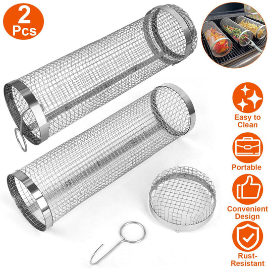 US Local 2Pcs 3.42x11.61Inch Portable BBQ Rolling Basket Round Stainless Steel Grill Mesh Barbecue Net Tube With Removable Cover Outdoor Camping