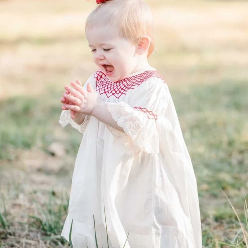 US Local Infant Baby Girl Valentines Day Dress Lace Short Sleeve Round Neck White With Red Embroidery Party Dress