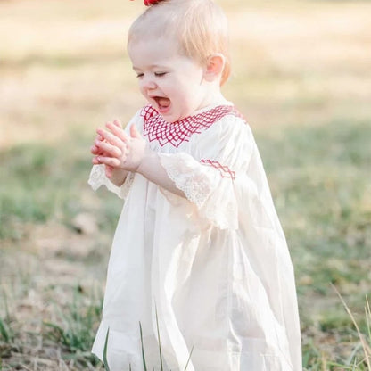 US Local Infant Baby Girl Valentines Day Dress Lace Short Sleeve Round Neck White With Red Embroidery Party Dress