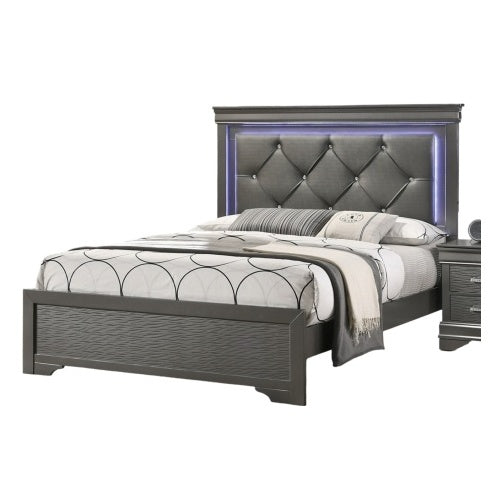 US Local Dark Gray Faux Leather Tufted Headboard 1pc Queen Size Bed W LED Bedroom Furniture Gray Unique Texture FB Solid Wood